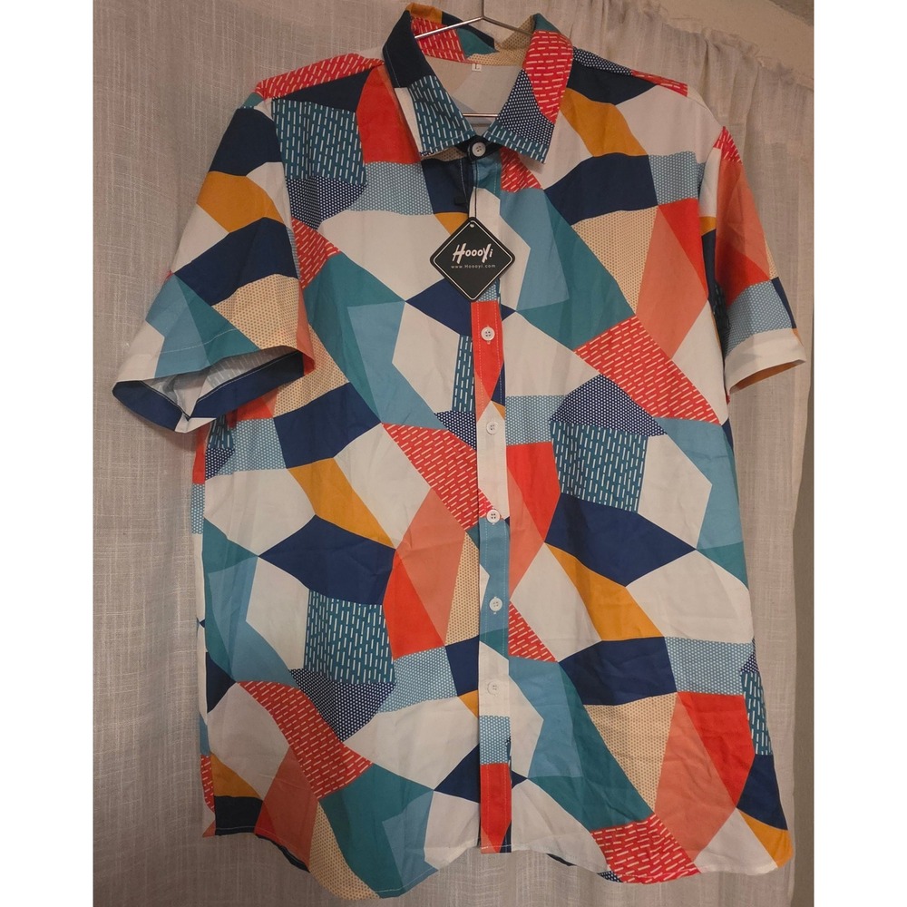 Hoooyi Multicolor Geometric Print Men's Button Up Shirt - Red/Teal/Navy